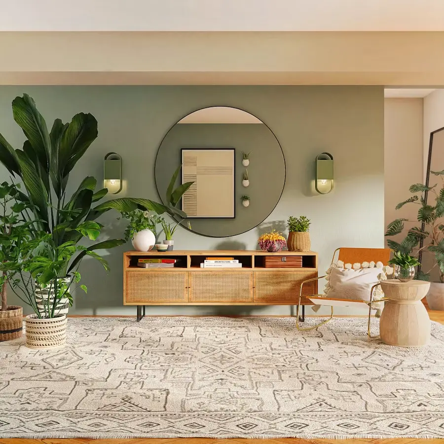 Interior detail with greenery and textured surfaces